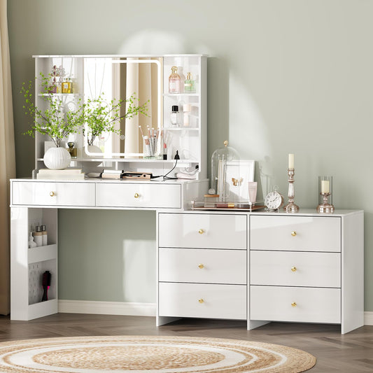 Makeup Vanity Desk with Mirror and Lights, Vanity Desk with 8 Drawers & Storage Shelves, Vanity Table with Power Outlet, 3 Color Modes & Adjustable Brightness Dressing Table, Bedroom,White2