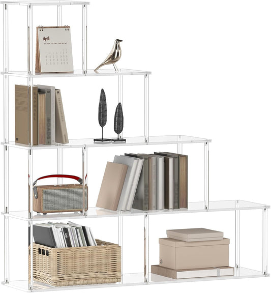5-Tier Acrylic Stepped Bookshelf with 6 Cube, Modern Bookcase, Clear Open Book Shelf for Home Office, Living Room, Bedroom, 11.8" D x 47.2" W x 49.2" H