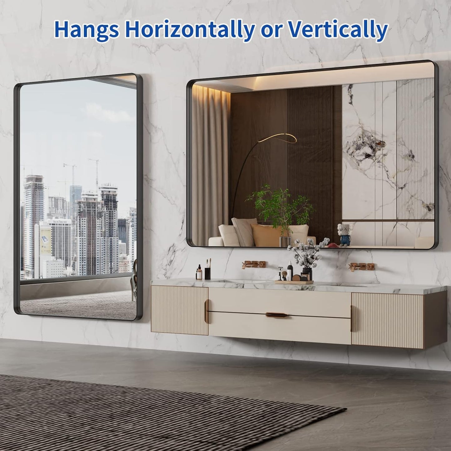 WEER 55X36 Inch Black Metal Framed Bathroom Mirror, Black Bathroom Vanity Mirror Farmhouse, Rounded Rectangular Matte Black Wall Mirrors, Tempered Glass, Anti-Rust (Horizontal/Vertical)