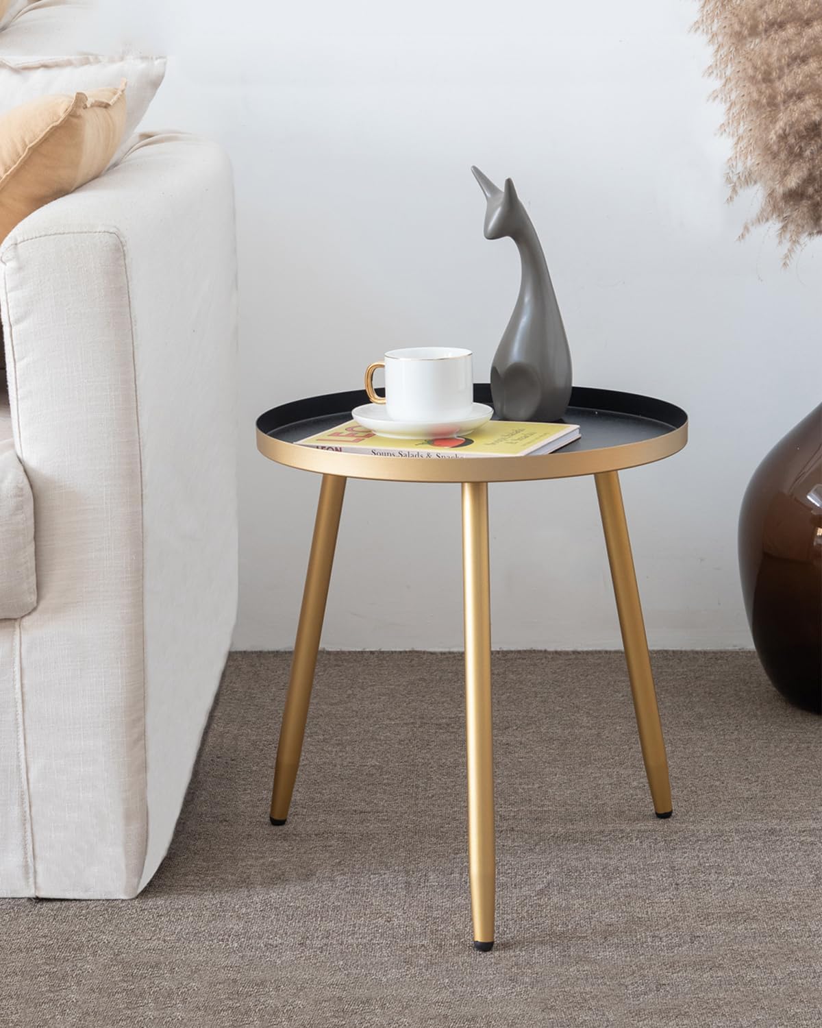 AOJEZOR Side Table: End Table for Any Room - Round Side Tables for Small Spaces - Black Top with 3 Gold Legged