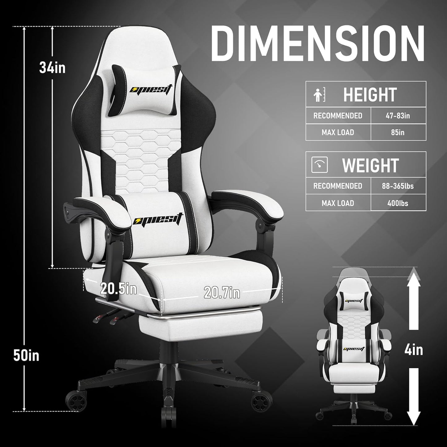 Gaming Chair, Computer Chairs for Adults with Lumbar Support and Massager, Comfortable Gamer Chair with Footrest & Pocket Spring Cushion, Ergonomic Home Office Chair, White, Fabric