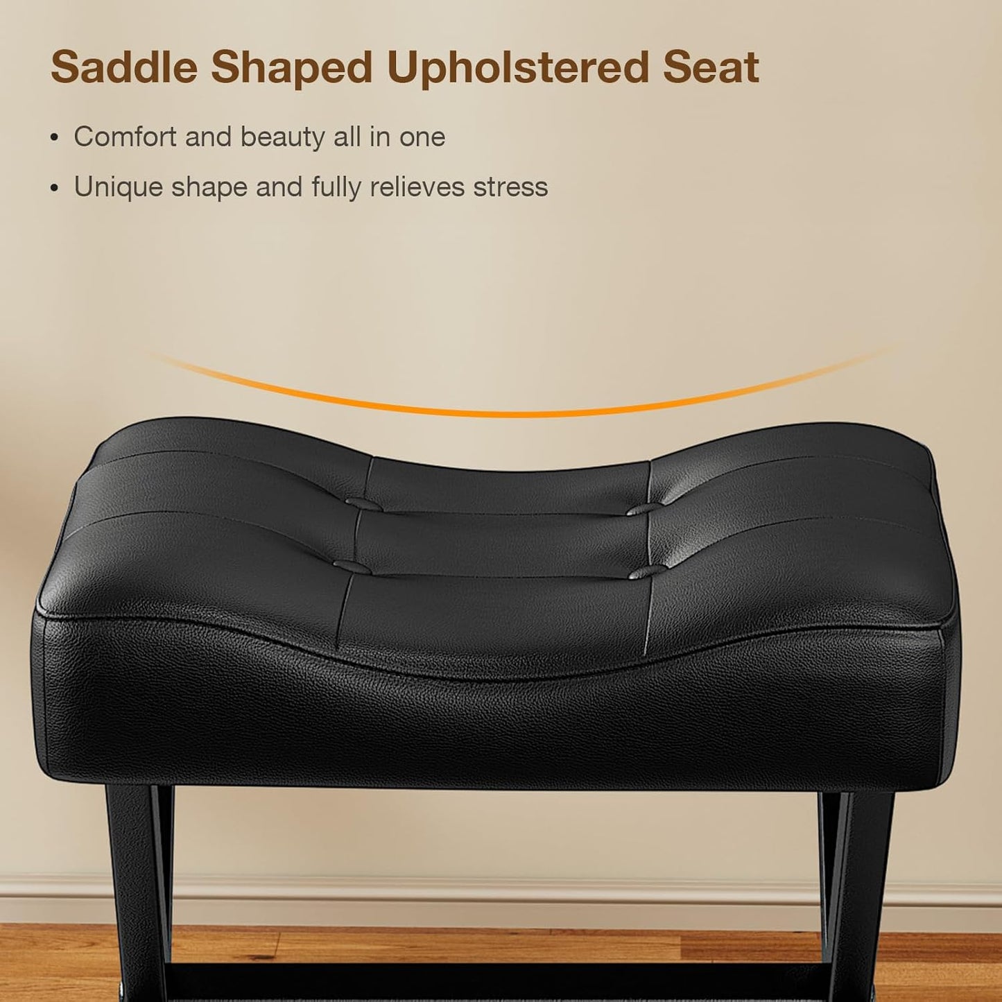 18-Inch Large Leather Vanity Stool, Vanity Chair with Metal X-Leg, Ottoman Foot Stool with Thick Padded Saddle Seat, Black