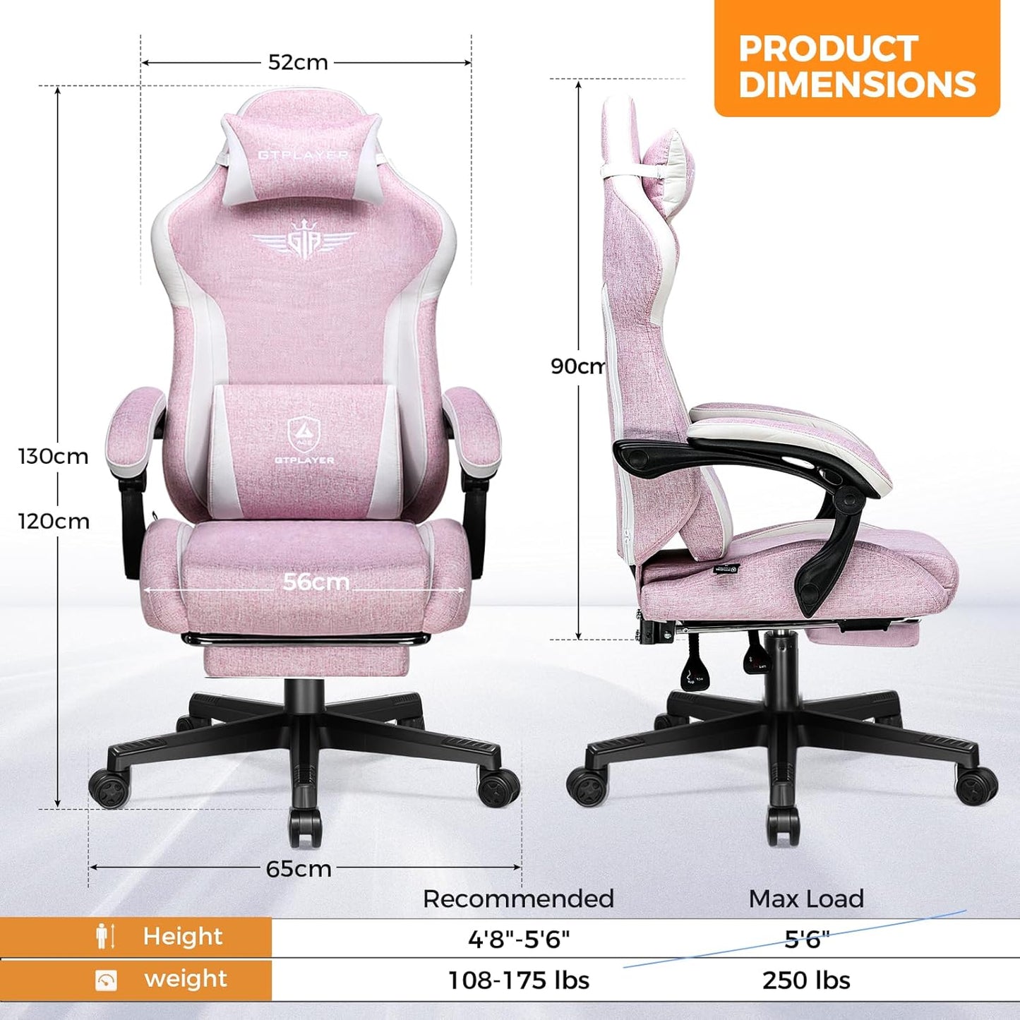 GTPLAYER Gaming Chair with Footrest, Big and Tall Game Chair High Back Computer Office Chair with Lumbar Support for Adults, Ergonomic Swivel Games Chair with Cushion Gaming Black Linen Fabric Pink
