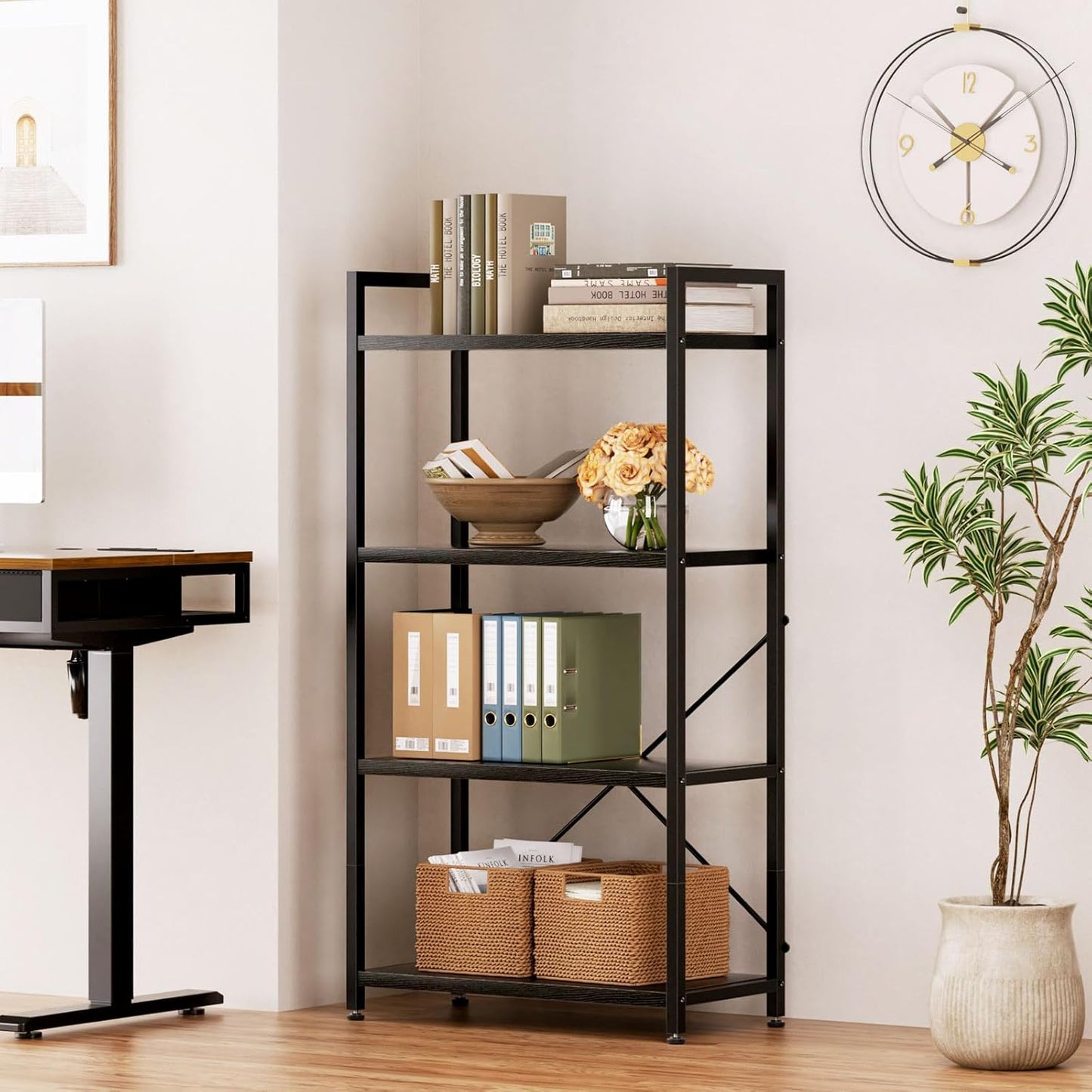 Casaottima Book Shelf, 4 Tier Bookshelf, Modern Wood Bookcase Shelves for Bedroom, Industrial Display Shelf for Living Room Home Office Kitchen, Standing Shelving Unit Storage Organizer, Black