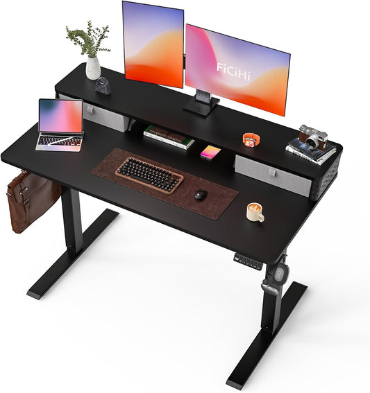 48x24 Inch Standing Desk with Double Drawers, C-Clamp Mount Compatible, Electric Adjustable Height Computer Stand Up Desks, Home Office Sit Stand Table with 3 Preset Heights & 2 Hooks, Black