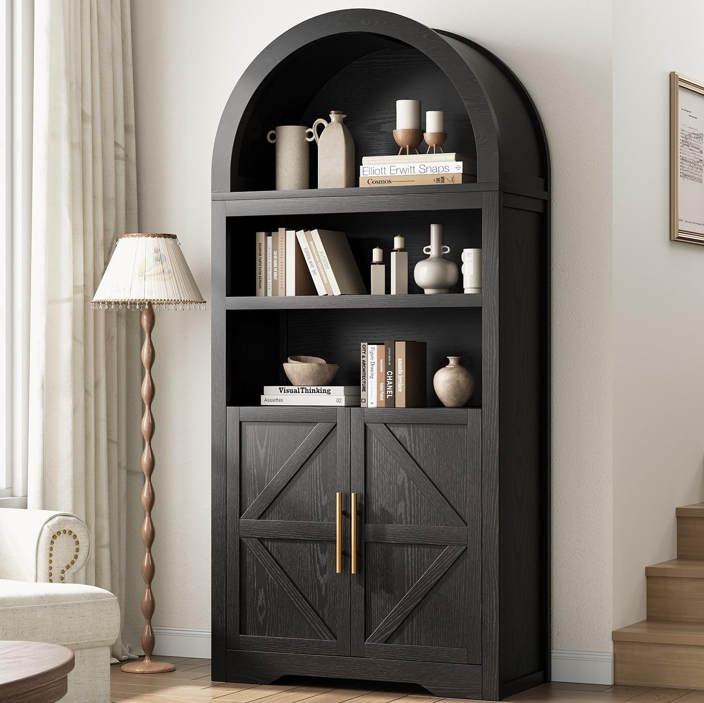 Arched Bookshelf Bookcase China Pantry Storage Cabinet with Doors and Shelves,Kitchen Pantry Cabinet,71“ Tall Food Pantry Furniture for Living Room, Dining Room (Black)