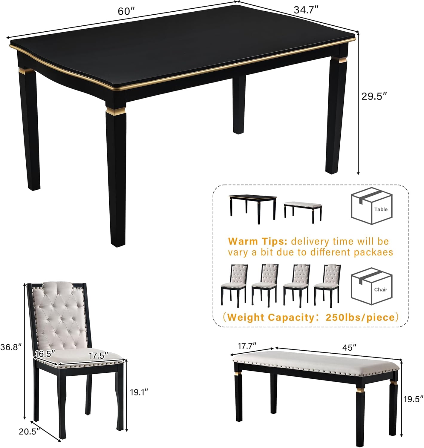 Ball & Cast Dining Table Set for 6,Kitchen Table W/ 4 High-Back Tufted Chairs & 1 Bench,6 Piece Dining Room Table Set W/ 60" Rectangular Table,for Kitchen, Living Room,Black