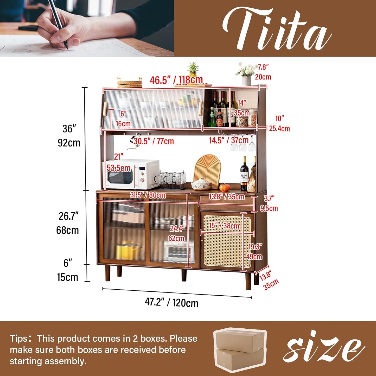 Tiita Kitchen Hutch with Countertop, 69” Rattan Solid Wood Pantry Cabinet with Hutch, Boho Bamboo Sideboard Buffet Cabinet, Boho Entryway Table for Living Room, Home Bar, Hallway, Walnut