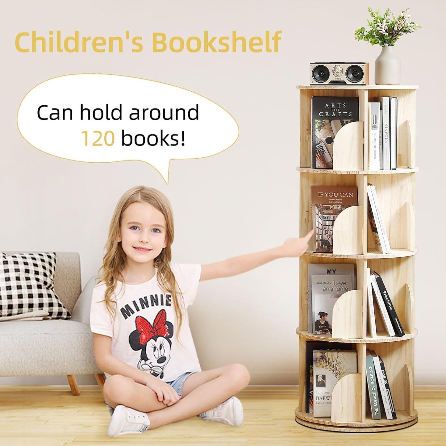 Rotating Bookshelf Tower, 4 Tier 360 Display Spinning Bookshelf, Solid Wood Revolving Bookcase for Kid Adult, Corner Floor Rotating Bookcase for Bedroom, Living Room, Study Room, Small Space