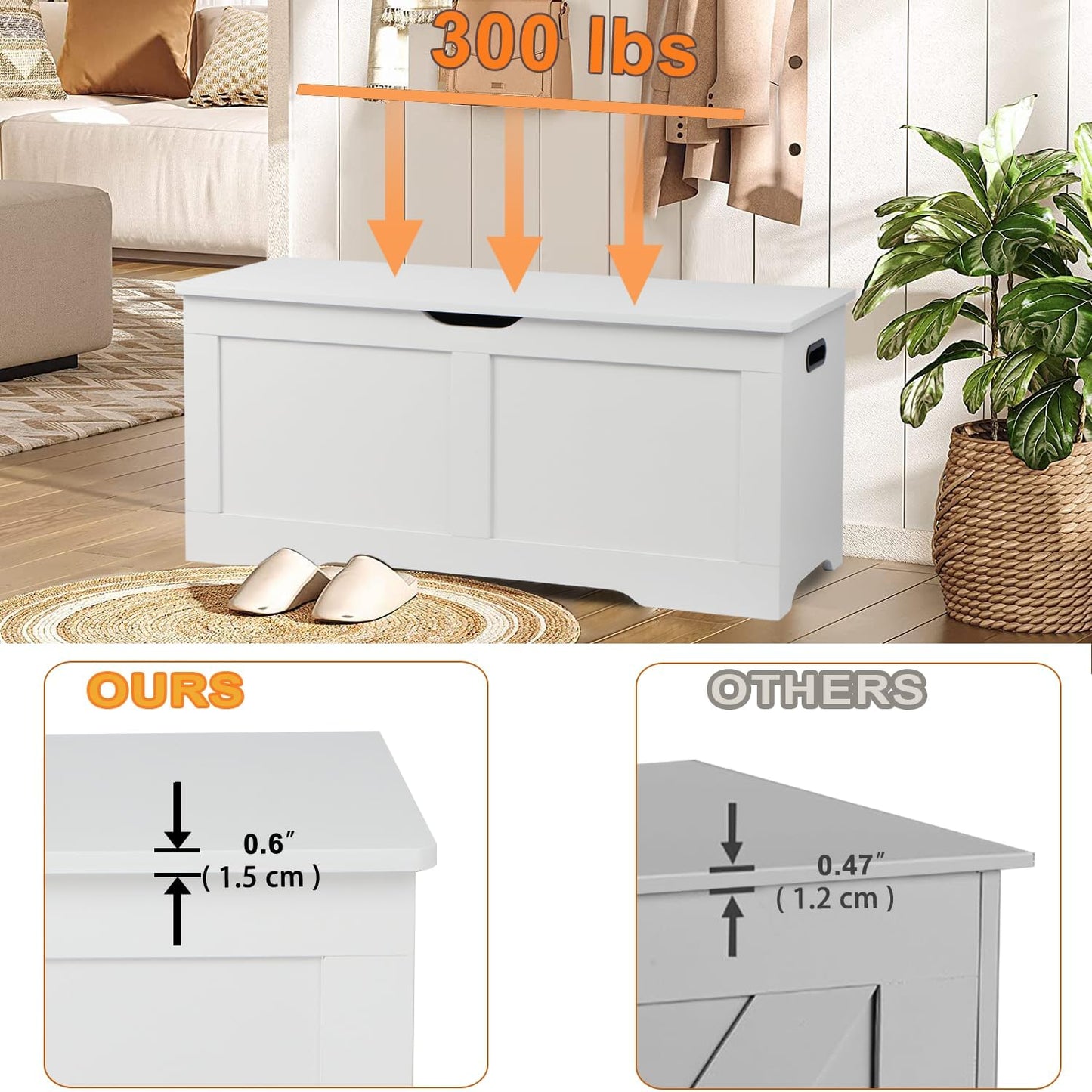 39.4" Storage Chest, Wooden Storage Bench, Lift Top Toy Chest with 2 Safety Hinges, Large Toy Box, Entryway Bench for Living Room, Bedroom, White