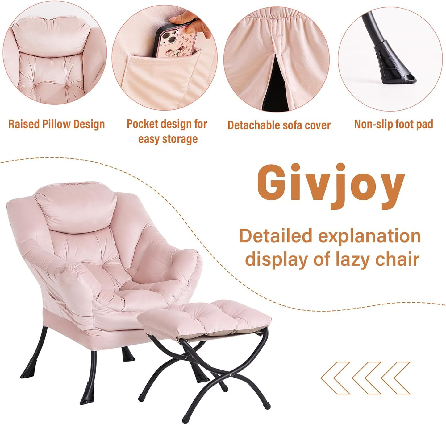 Lazy Chair and Ottoman, Large Accent Lounge Chair with Armrests and a Side Pocket, Modern Leisure Upholstered Sofa Reading Armchair with Footrest for Bedroom, Living Room, Dorm Rooms, Office