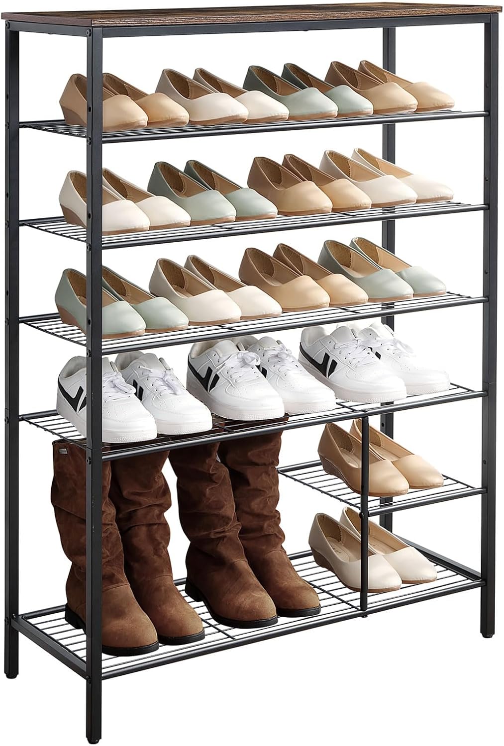 6 Tier Shoe Rack Organizer, Metal Mesh Shoe Storage Shelf, Storage Boots .for Entryway, Closet,Hallway, Bedroom,Cloakroom,Garage, Industrial,Rustic Brown