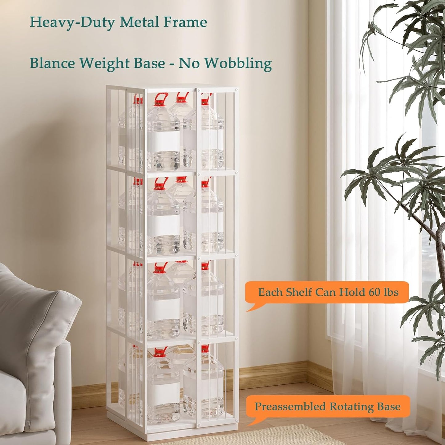 Square Rotating Bookshelf Tower - 360 Spinning Display Corner Bookcase for Narrow Space, Modern 4-Tier Revolving Storage Shelf, White