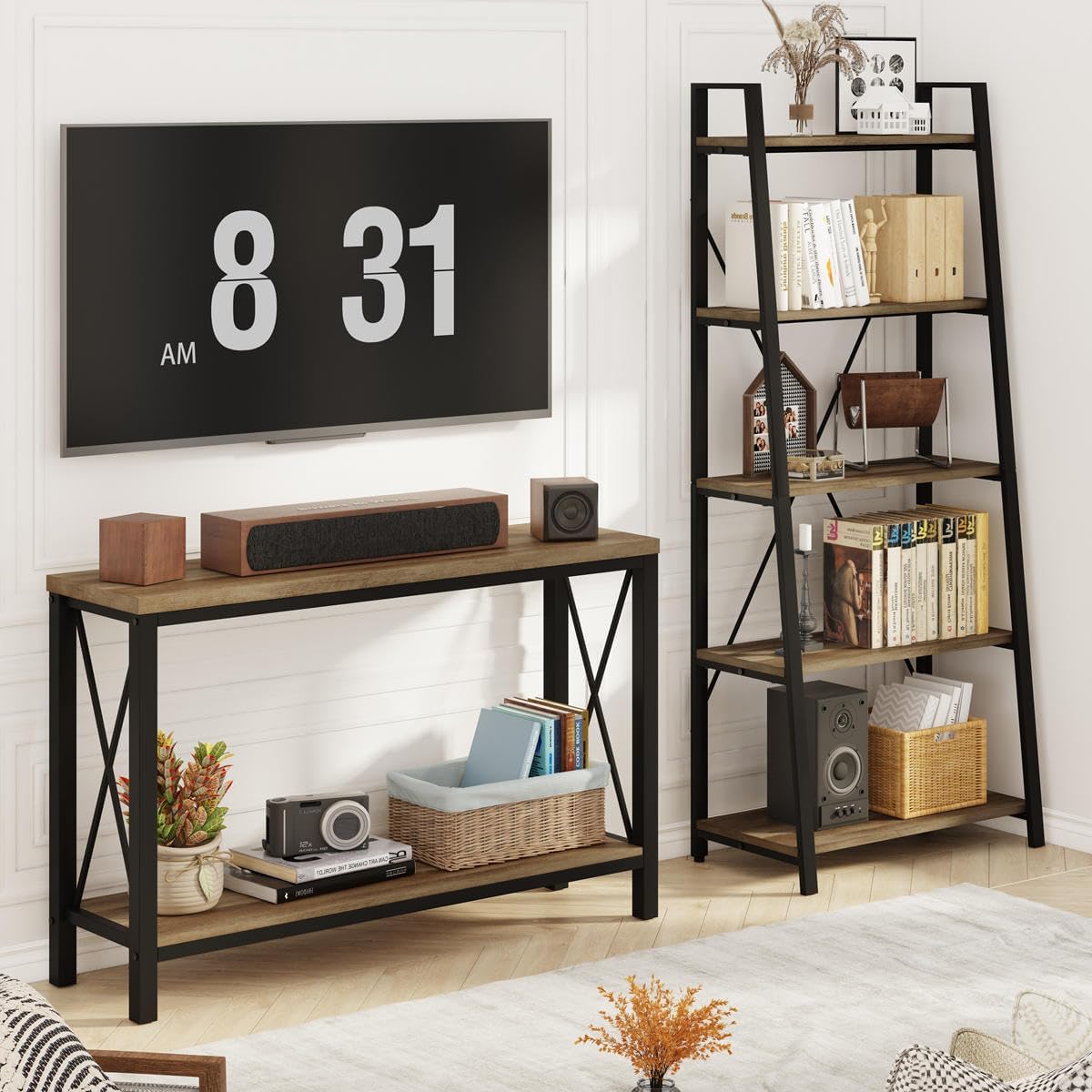 BON AUGURE Farmhouse Entryway Table, Sofa Console Table Behind Couch for Living Room, Industrial Hallway Tables for Entry, Front Door, Entrance, Foyer (Vintage Oak, 47 Inch)