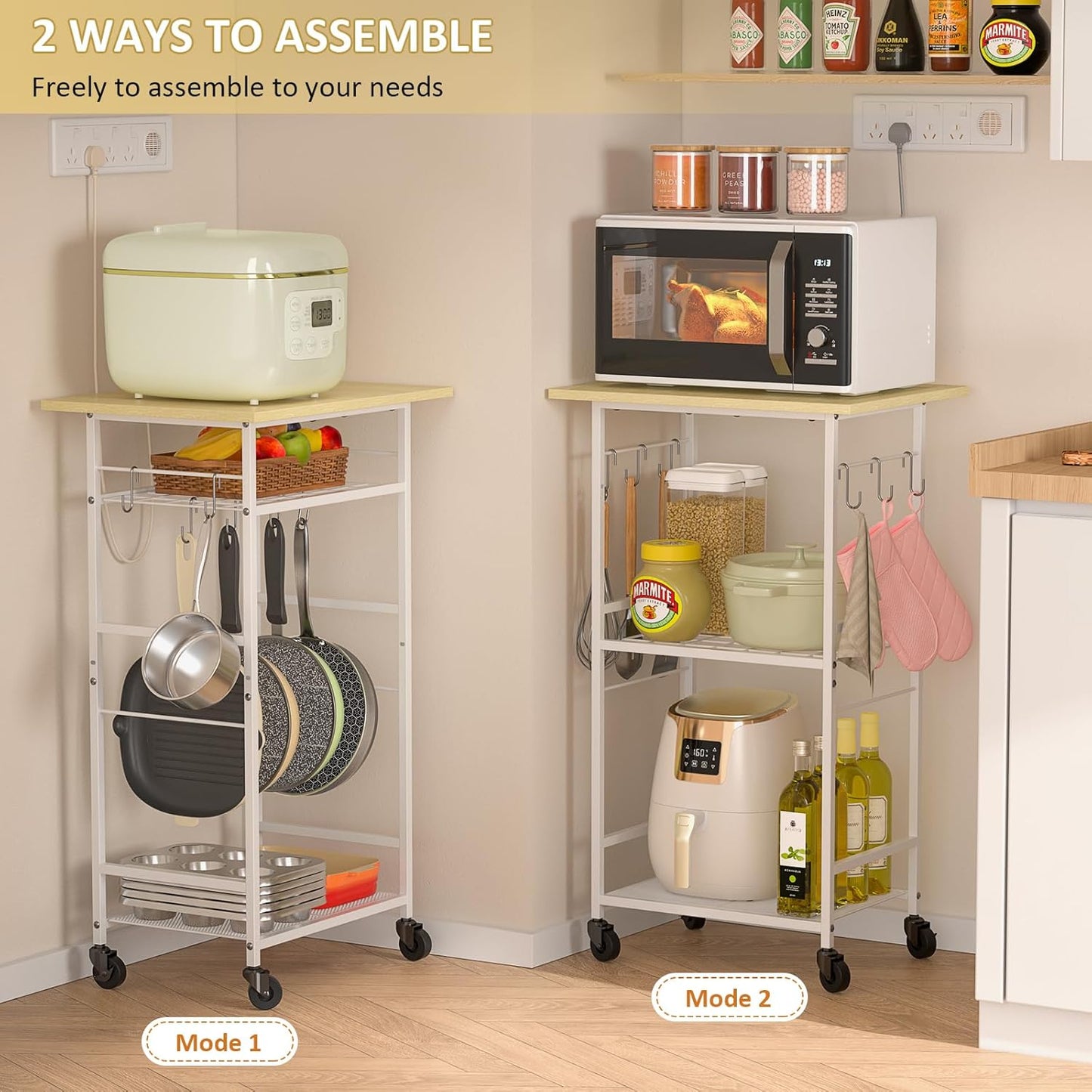 Rolling Kitchen Microwave Cart, 3 Tier Microwave Table Stand with Adjustable Shelf, Kitchen Storage Rack on Wheels, Coffee Station Cart Rack Shelf Organizer for Living Room Office, Balcony