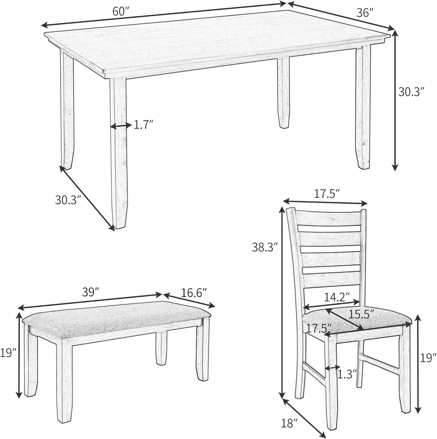 SogesPower 6-Piece Rustic Dining Table Set for 4-6,Rectangular Farmhouse Kitchen Table Set with 4 Chairs & 1 Bench for Dining Room Living Room,Gray