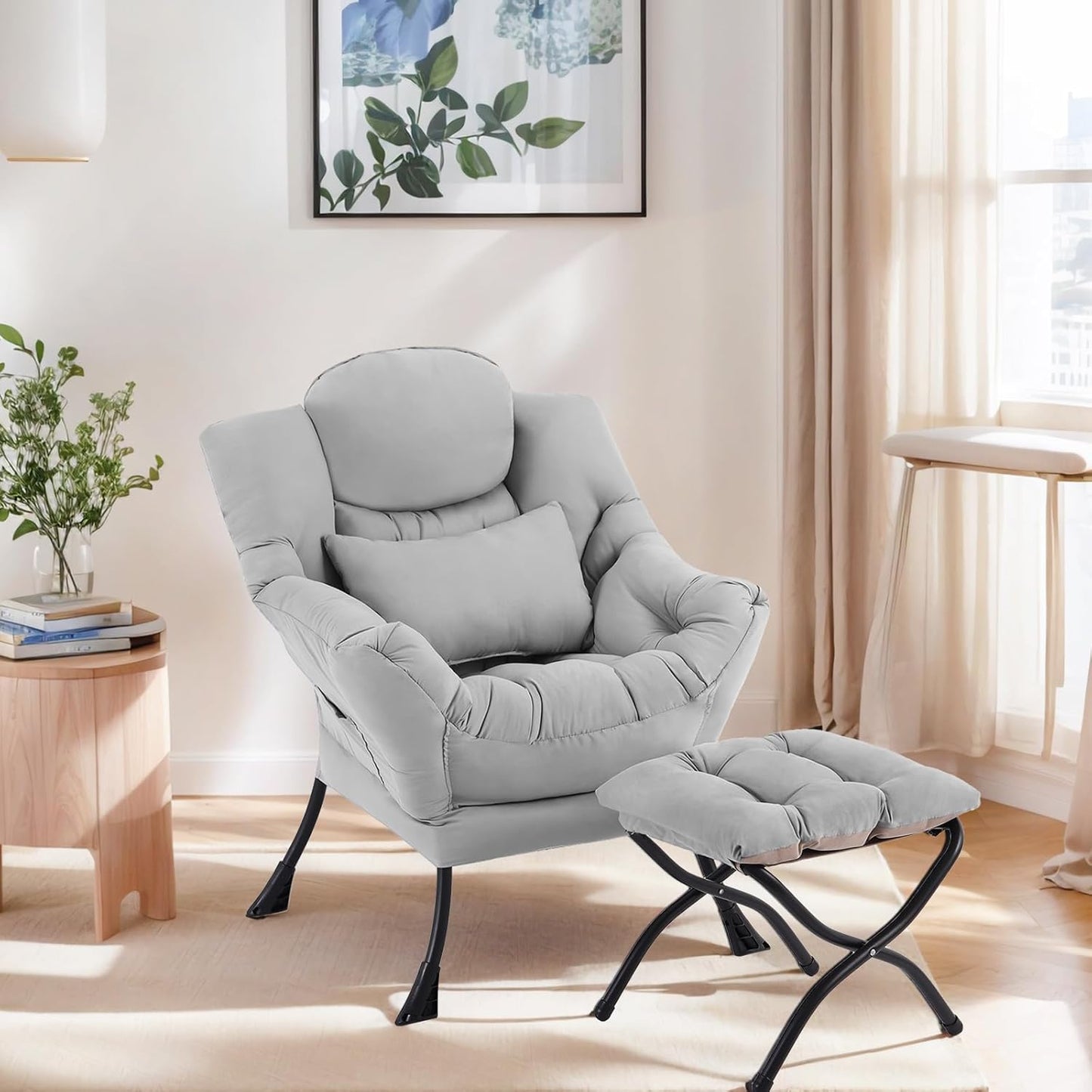 Lazy Chair with Ottoman, Modern Lounge Chair with Lumbar Pillow, Accent Cozy Reading Armchair and Folding Footstool for Bedroom, Dorm, Living Room,Light Grey