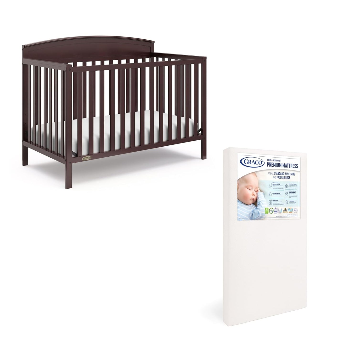 Graco Benton 5 in 1 Convertible Crib (GREENGUARD Gold Certified) with Premium Foam Crib and Toddler Mattress Included - Espresso, Converts from Baby Crib to Toddler Bed, Daybed and Full-Size Bed