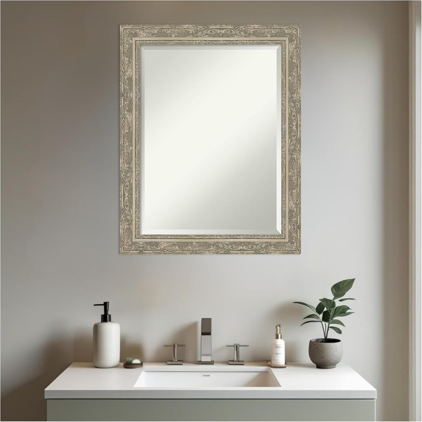 Amanti Art Bathroom Mirror for Over Sink, 29x23 Filigree Silver Rectangle Vanity Mirror, Medium Traditional Frame, Hangs Horizonally and Vertically, Bathroom Wall Decor, Beveled Edge