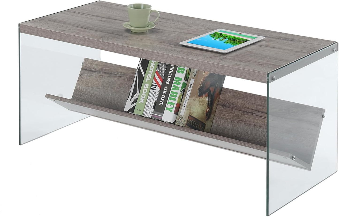 Convenience Concepts SoHo Modern Living Storage Shelf, Contemporary Coffee Table for Family Room, 40", Sandstone/Glass