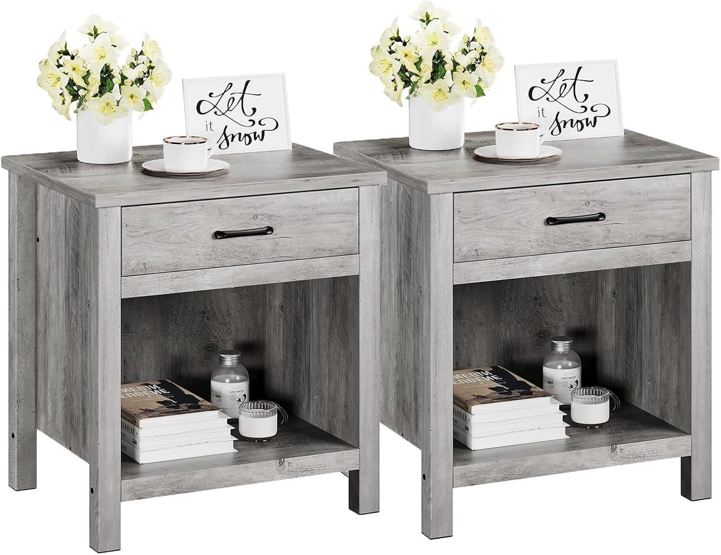 IDEALHOUSE Farmhouse Nightstand Set of 2 with Drawer, Grey Night Stand End Tables Living Room with Storage Shelf, Wooden Bedside Tables for Bedroom Nursery Office (2 Pack)