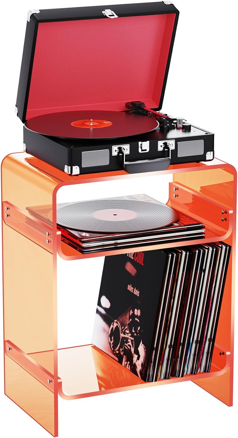 Acrylic Record Player Table with Storage Shelf, Clear Side Table Nightstand (Orange)