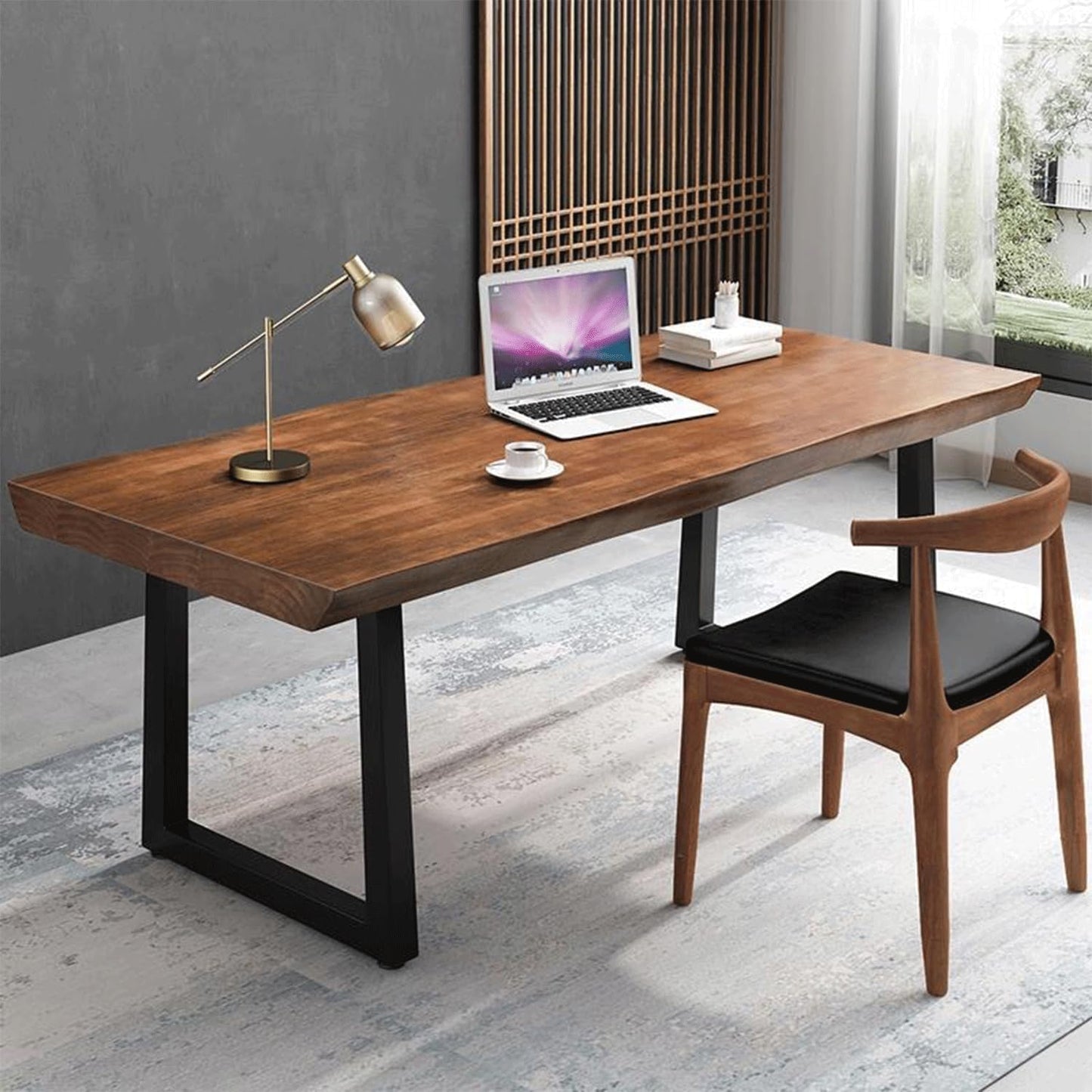 Modern Minimalist Solid Wood Office Desk with Metal Base Easy to Assemble Durable Writing Table Dining Table Computer Desk Multiple Ideal for Living Room and Dining Room (63inch)