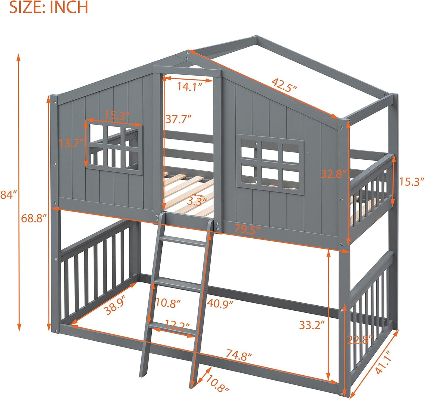 Ball & Cast Twin Over Twin Size House Bunk with Ladder and Window,Wood Bunkbed w/Full-Length Guard Rail & Ladder,Slat Support,Space Saving,Bedroom Furniture for Student Dorms,Gray
