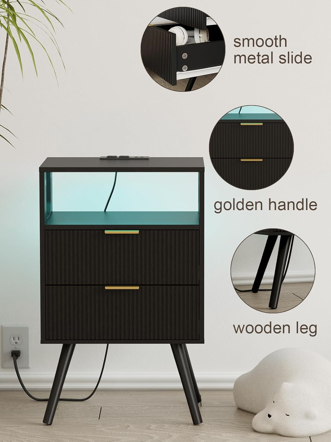 Nightstand, Modern Bedside Table with 2 Storage Drawer and Open Wood Shelf for Bedroom and Small Spaces, Night Stand with Solid Wood Legs (Black-Outlet)