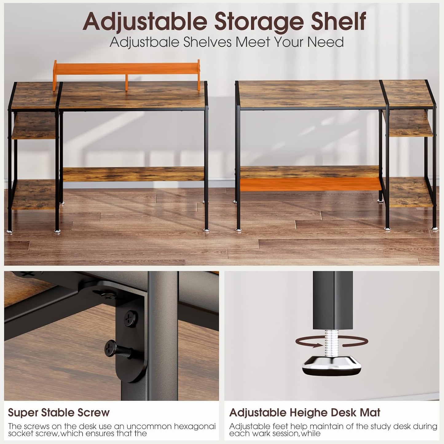 Computer Desk Gaming Desk with Monitor Stand, Home Office Desk Suitable for 2 Monitors, Writing Desk with Adjustable Storage Space,Sturdy and Durable Modern Small Desk (Vintage, 47inchs)