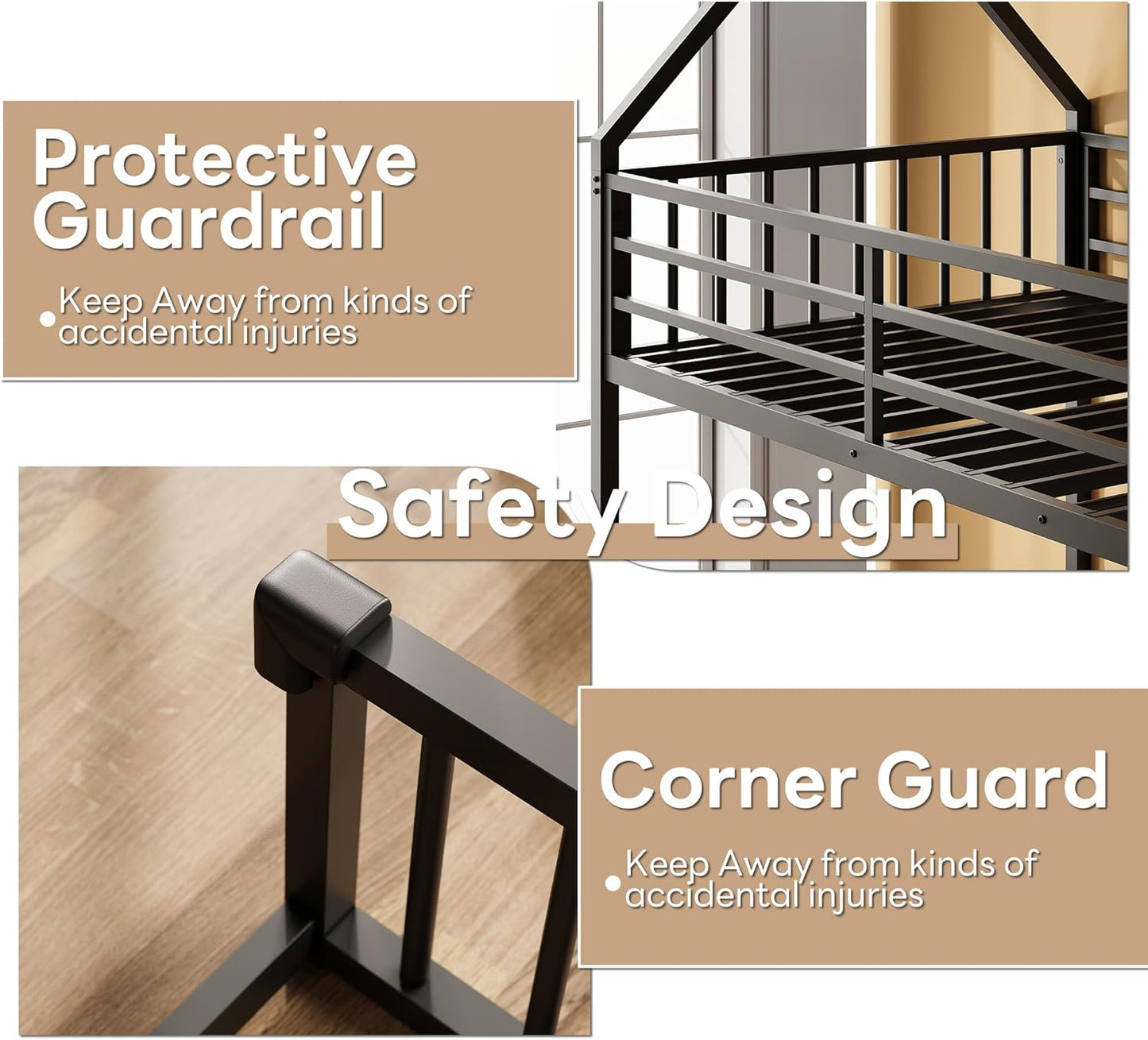 LIKIMIO Bunk Bed Twin Over Full Size, House Bunk Bed Frame with Ladder and Guardrail, House Shaped with Metal Slats Support No Box Spring Needed Space Saving for Bedroom and Dorm, Black