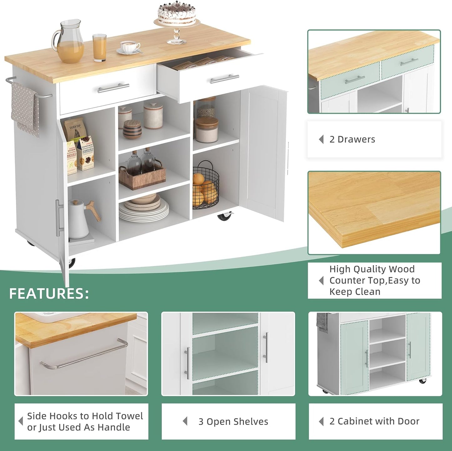 Shintenchi Kitchen Island with Storage, Kitchen Island Cart on Wheels with 3 Open Shelves, 2 Drawers and 2 Cabinets, Rolling Kitchen Table with Large Countertop, White