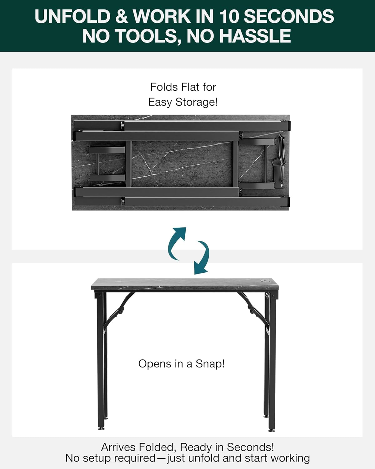 Frylr Small Folding Computer Desk – 35.8 Inch Portable Table for Craft and Study, Lightweight Desk for Small Spaces, Foldable Laptop Table Built-in AC/USB Outlets for Convenience, Marble Greige