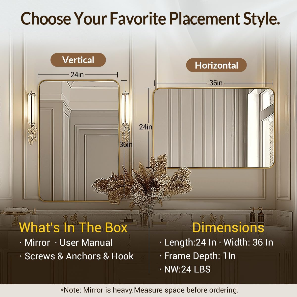 ANDY STAR 24x36 Rectangle Bathroom Mirror, Brushed Gold Stainless Steel Metal Frame Bathroom Mirror for Over Sink, Modern Rounded Corner Brass Vanity Wall Mirror, Hangs Horizontally or Vertically