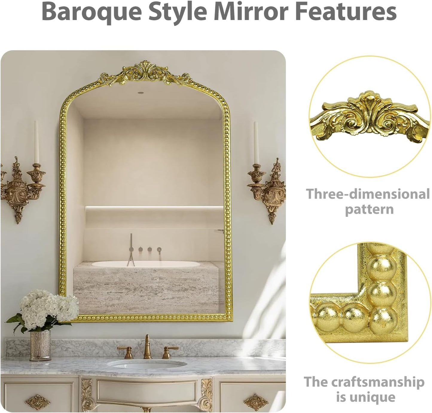 Gold Vintage Mirror, Arched Antique Mirror with Ornate Frame for Bathroom Wall, Living Room, Fireplace, 39.5x26 Inch.