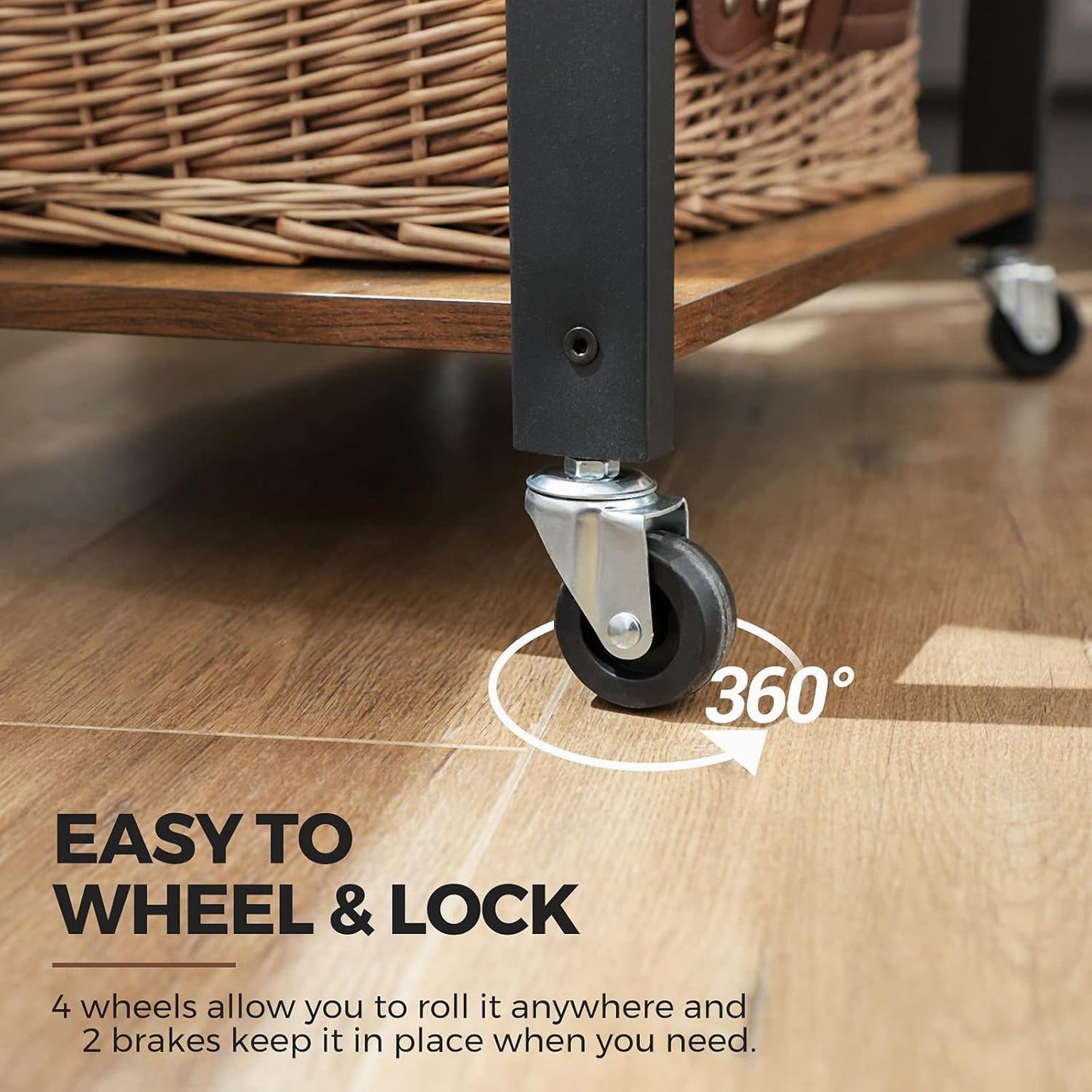 VASAGLE Kitchen Shelf on Wheels, Serving Cart with 3 Shelves, Kitchen Cart, Microwave Shelf, for Mini Oven, Toaster, with 6 Hooks, Industrial Style, Rustic Brown and Black UKKS60XV1