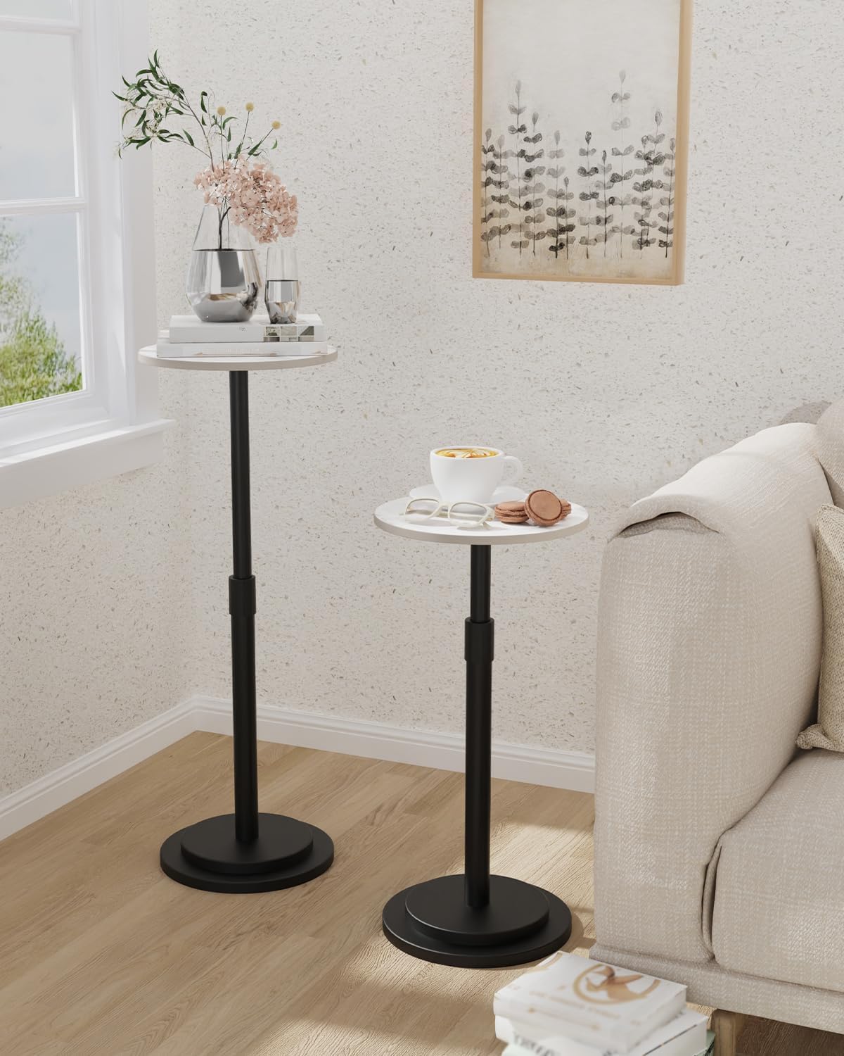 Height Adjustable Drink Table, Vintage Round Indoor Metal Plant Stand, for Small Spaces, Living Room, Bedroom, Cocktail, 1 Pack, White, GBZ001CW-1