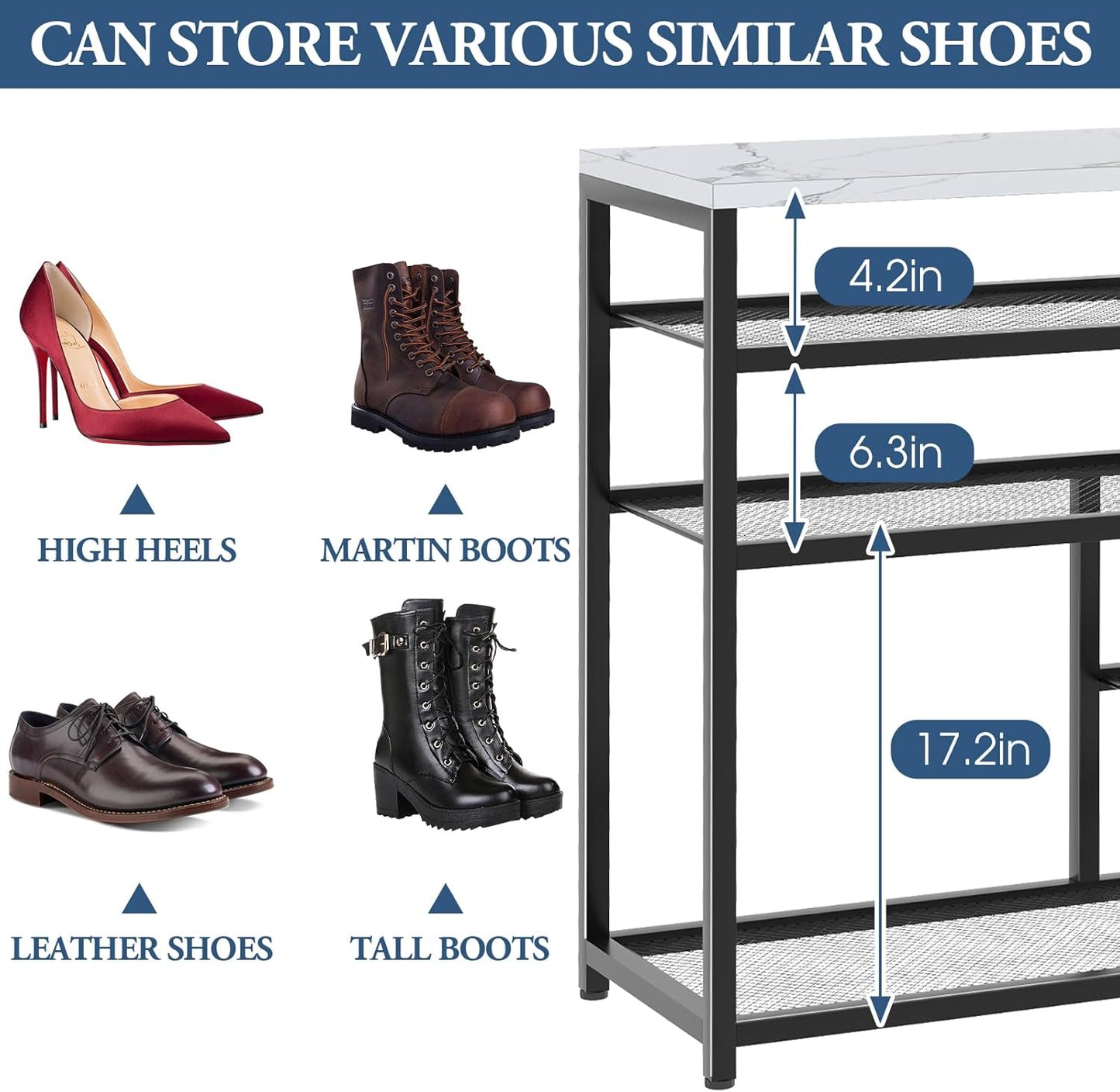 Shoe Rack Bench for Entryway,Free Standing Shoe Storage Organizer for Front Door Entrance,Boot Rack Holder Shelf for Closet with Seat,Sturdy Shoe Shelves for High Heels, Hallways,White Marble