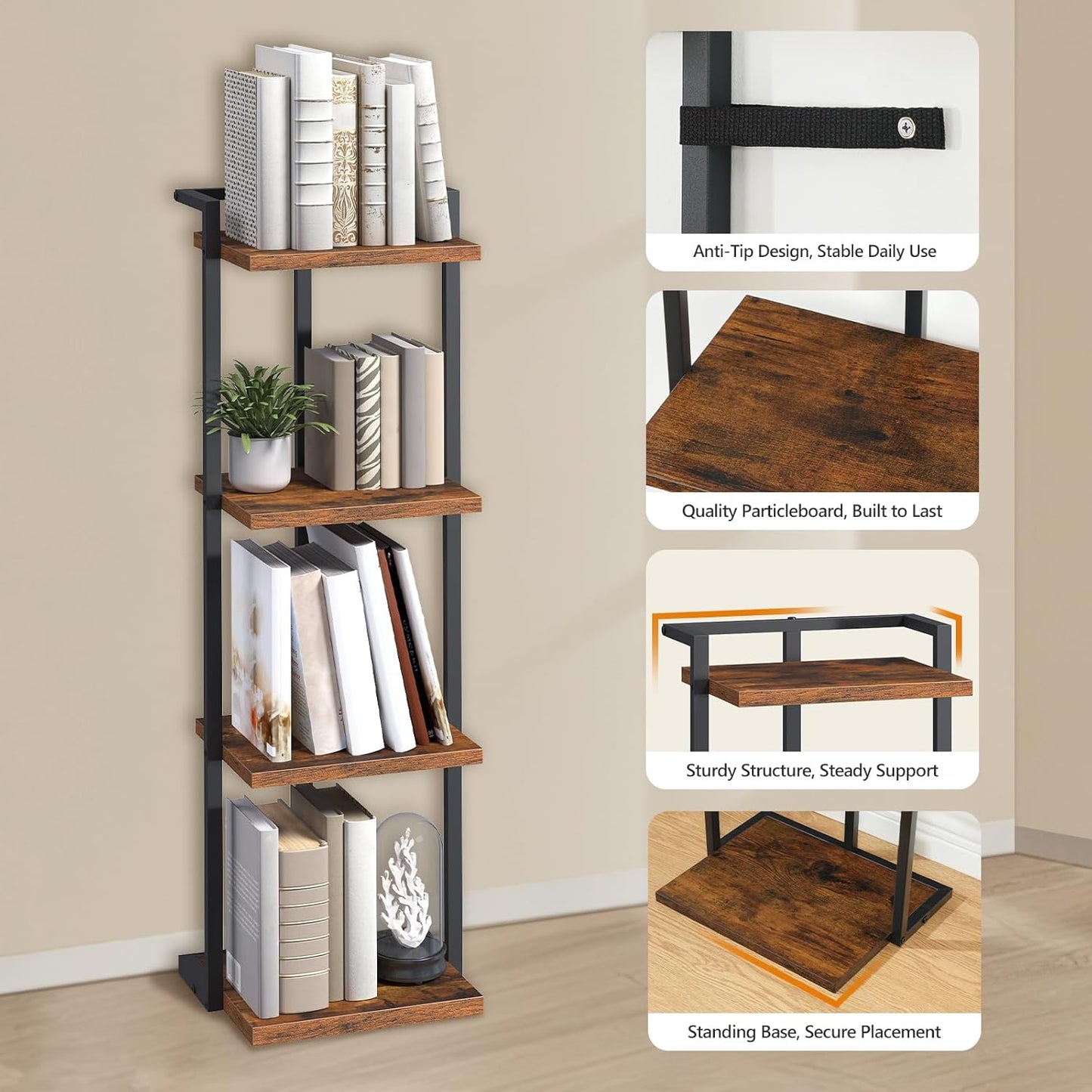 Bookshelf, 4-Tier Bookcase, Vertical Tall Narrow Book Shelf for Small Space, Open Storage Display Shelf with Stable Base & Anti-Tip Kits, for Living Room, Study, Rustic Brown BKHR11401