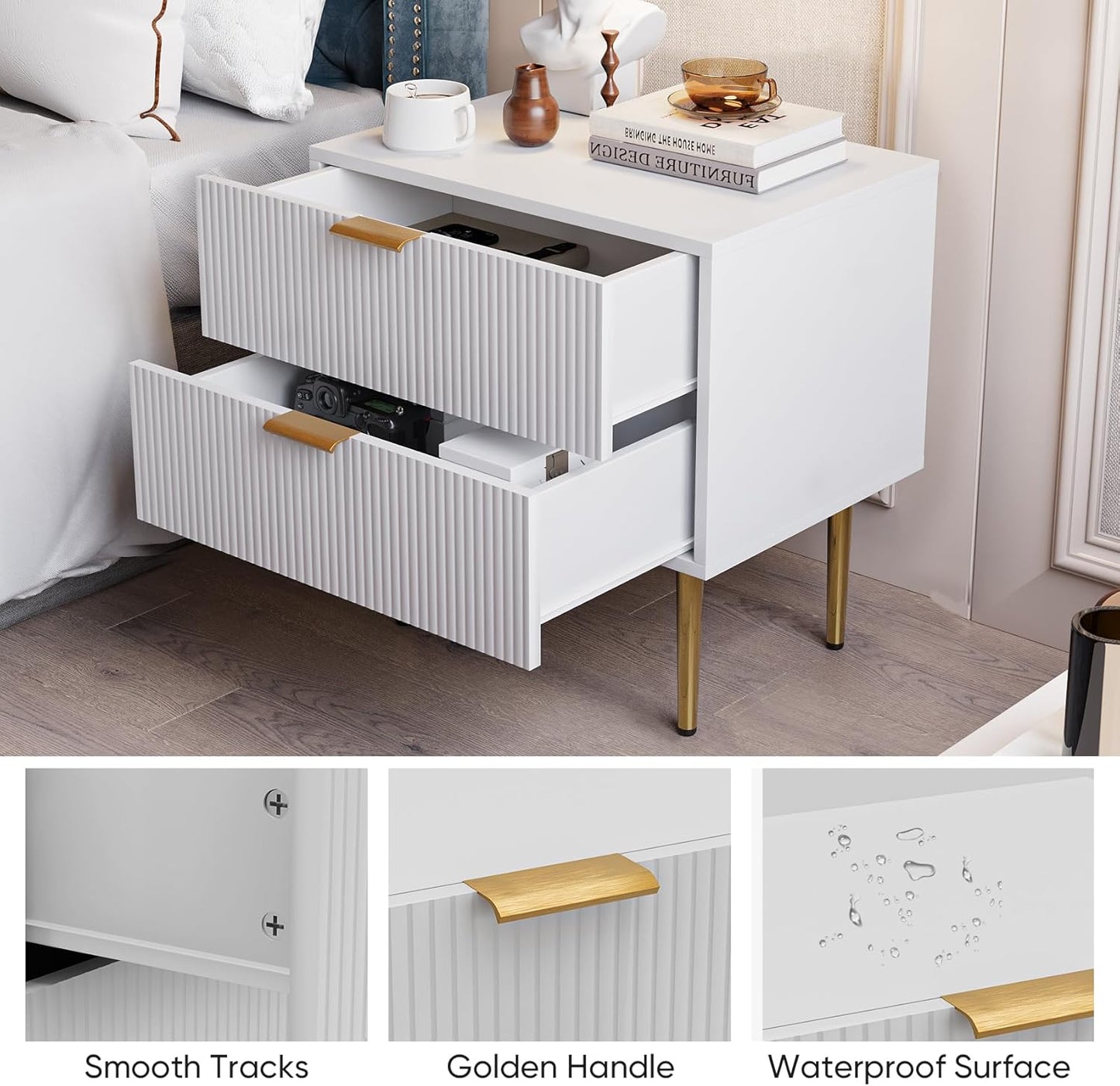 White Nightstand for Bedroom, Fluted Night Stand Set of 2, Mid Century Modern Bedside Table with Gold Metal Legs