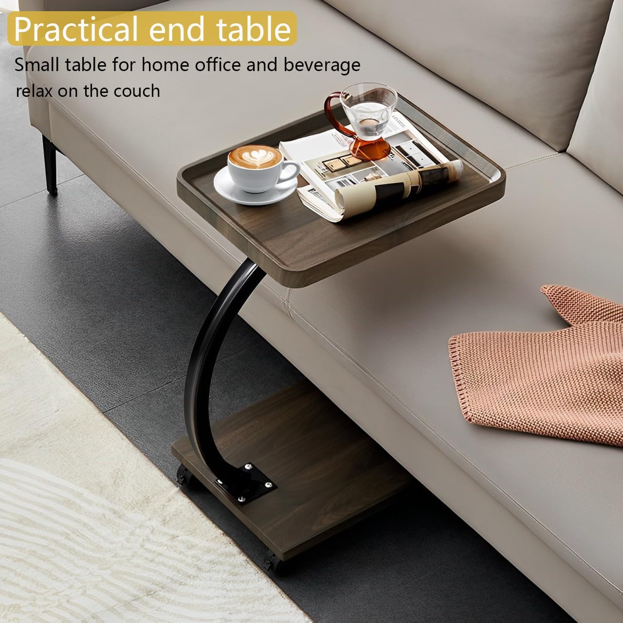 C Table End Table,360°Swivel TV Tray Table for Small Spaces, Couch Tables That Slide Under, C Shaped Side Tables with Wheels for Living Room and Bedroom, Bed,Chair, Snack Table