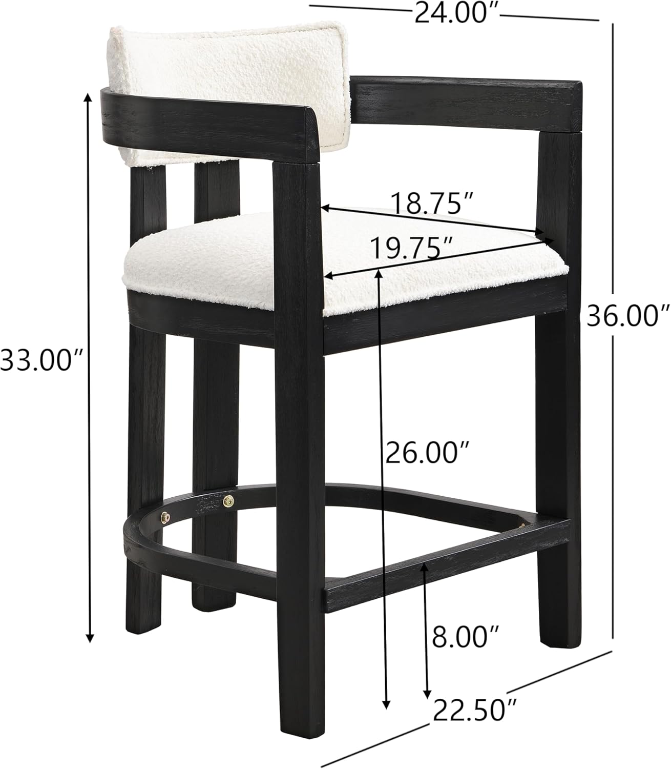 Christopher Knight Home Set of 2 Ryland Modern 26" Counter Height Bar Stools, Boucle Fabric Upholstered Counter Stools,Wooden Kitchen Island Armchair with Footrest, Round Backrest, Milky White+Black