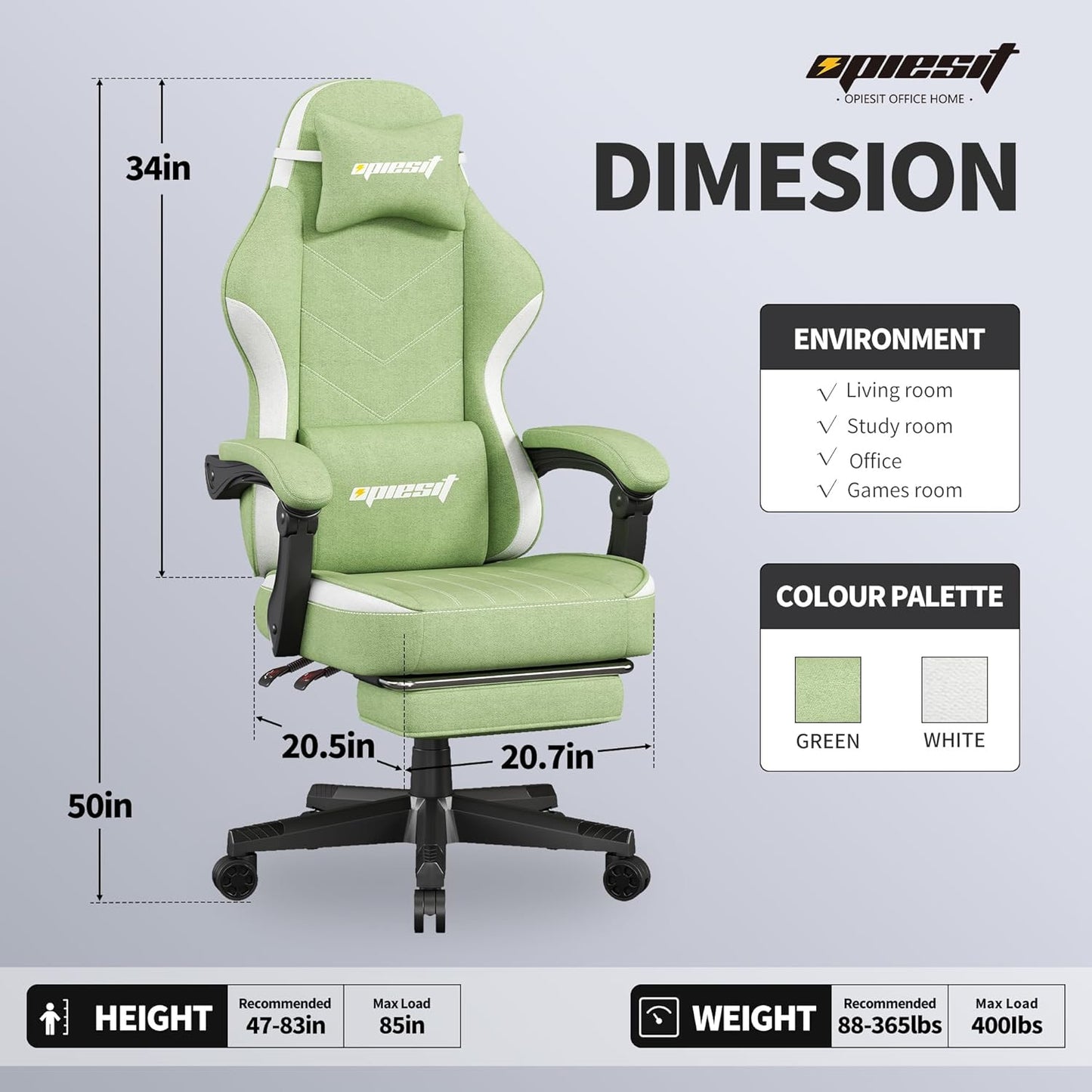 Gaming Chair,Fabric Computer Chair with Pocket Spring Cushion,400 lb Load Capacity,Ergonomic Office Chair with Footrest,Height Adjustable Video Gamer Chair with Lumbar Support (Green)