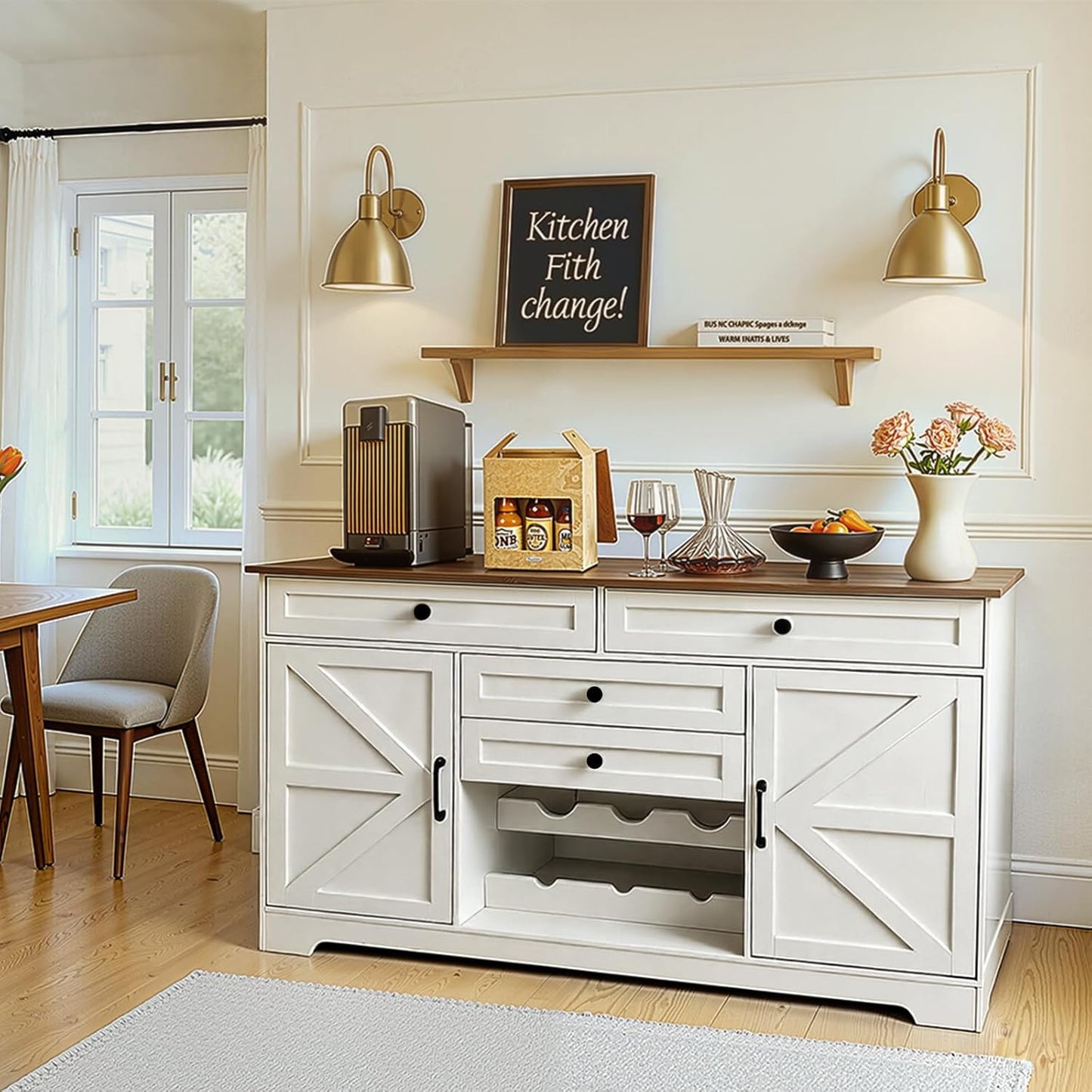 Modern Buffet Cabinet with 4 Drawers, 2 Doors & Adjustable Shelf, Large Sideboard Cabinet with Wine Rack, Kitchen Storage Cabinet for Kitchen, Living Room,Coffee Bar, White