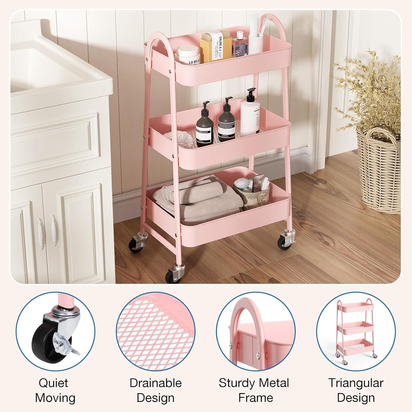 OLIXIS 3 Tier Utility Rolling Cart, Metal Mobile Storage Shelf with Lockable Caster Wheels, Organization for Livingroom, Bathroom, Kitchen, & Narrow Places, Pink