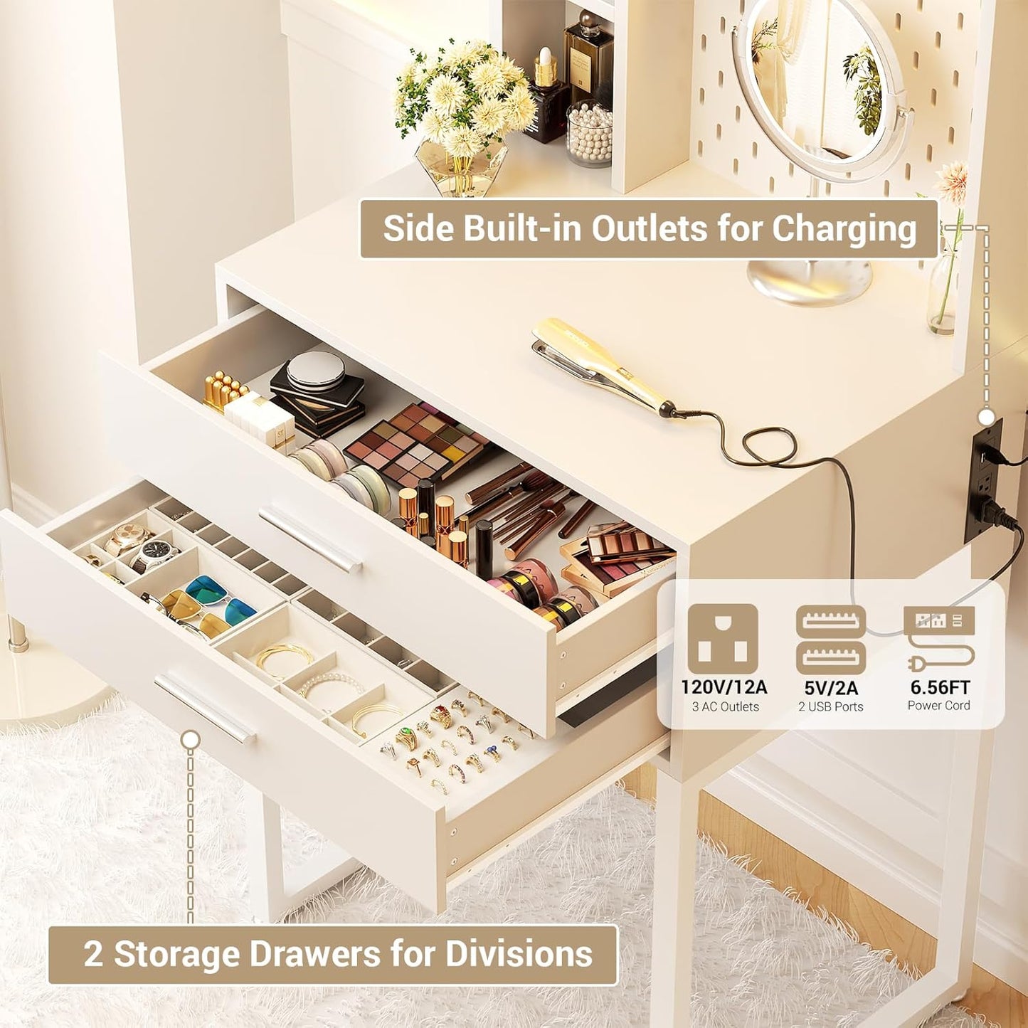 Small Vanity Desk with Hutch and Drawers, White Makeup Vanity Desk with Charging Station, Vanity Table Dressing Table with LED Lights, Vanity Desk No Mirror with Pegboard for Girls Women, 24"