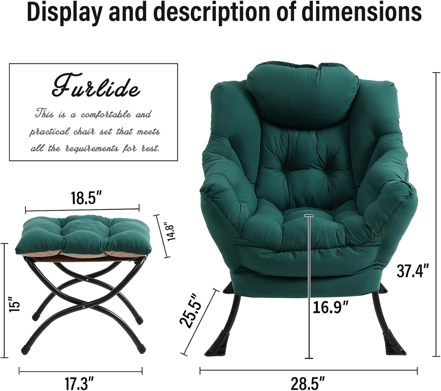 Modern Lazy Chair with Folding Footrest, Lounge Accent Reading Chair (Dark Green)