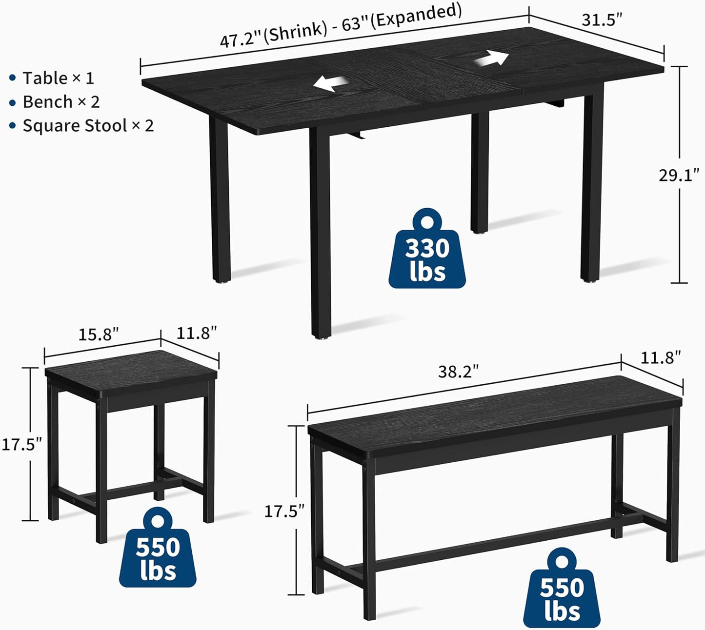IDEALHOUSE 5-Piece Extendable Dining Table Set for 4-8 People, 63 Inch Kitchen Table with 2 Benches & 2 Stools, Space Saving Modern Dining Room Furniture, Easy Assembly, Black