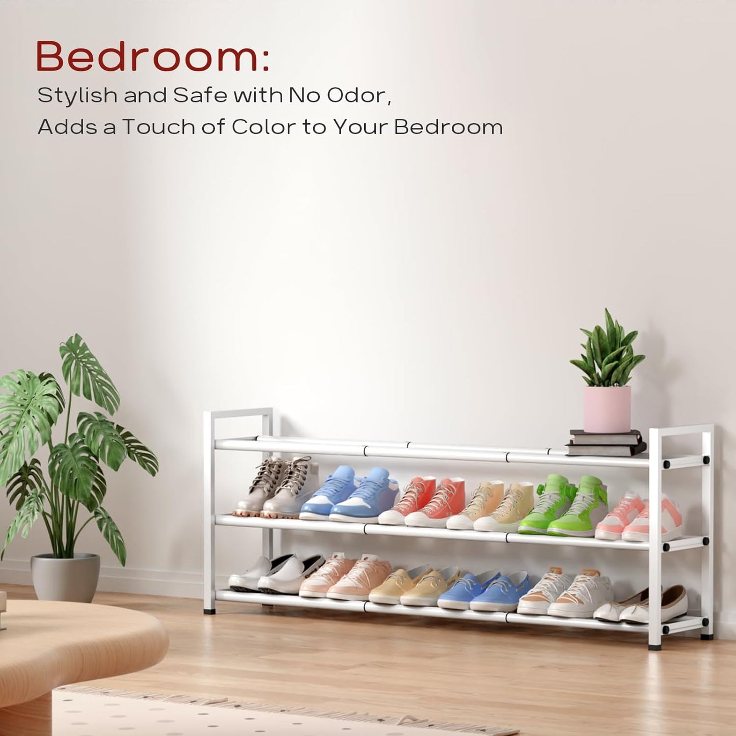 Bumusty 3-Tier Long Expandable Shoe Rack for Closet, 18"-44" Adjustable Shoe Rack for Entryway, 15-18 Pairs Large Shoe Organizer Shelf Storage, Sturdy Metal, White