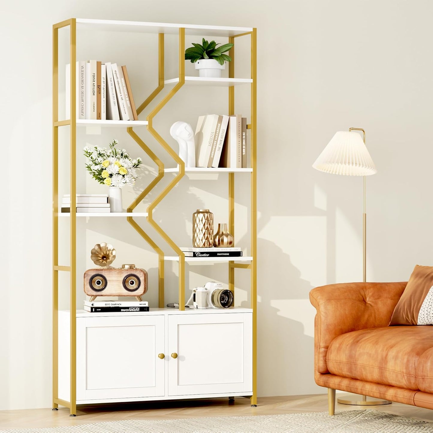 Keyluv 76" Tall Gold Bookshelf with Cabinet Storage, Multifunctional Open Display Bookcase with Door, Large Book Shelf Organizer for Living Room, Home, Office, Heavy Duty Metal & Wood, Modern White